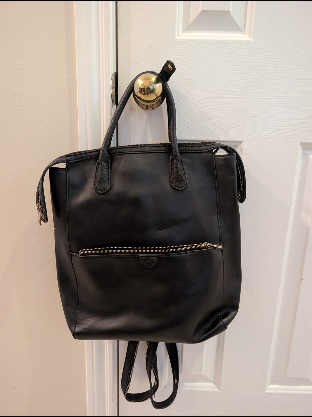 Black Leather Backpack with Front Zip Pocket